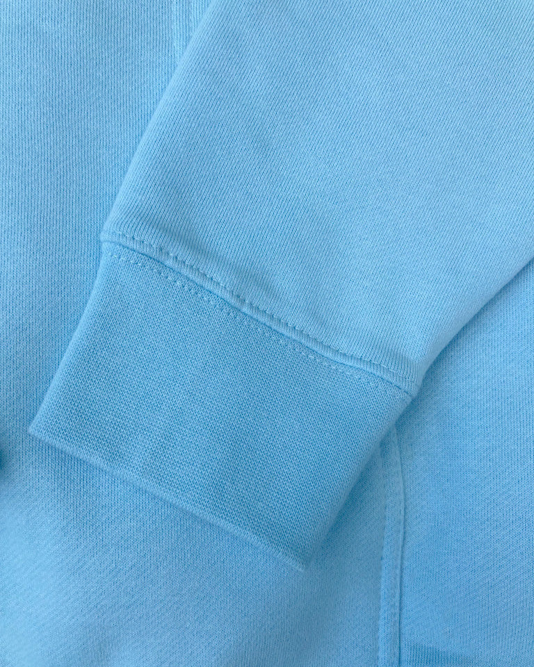 Hoodie de qualité supérieure « Les forces naturelles » — couleur bleu ciel — étampe Edamame — détail de la manche