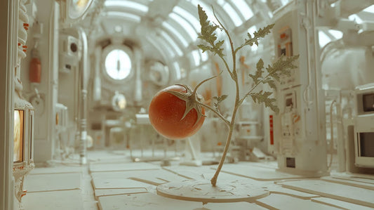 Clara, archétype Tomate des Forces Naturelles, dans une station spatiale imaginaire futuriste et minimaliste