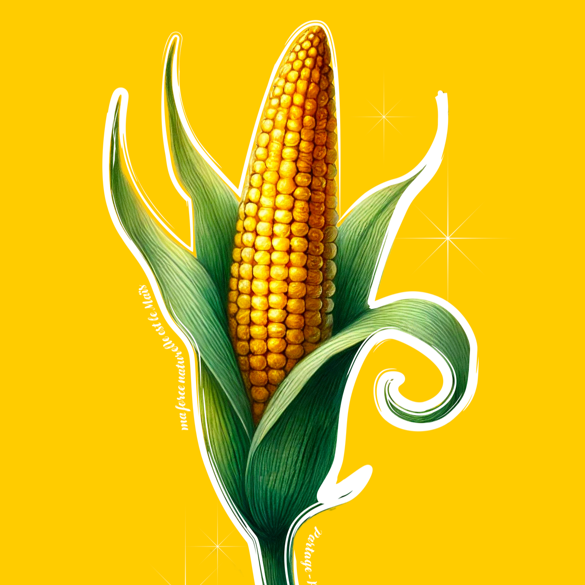 Étampe de la Force naturelle du Maïs — un épi de maïs avec ses trois mots-clés