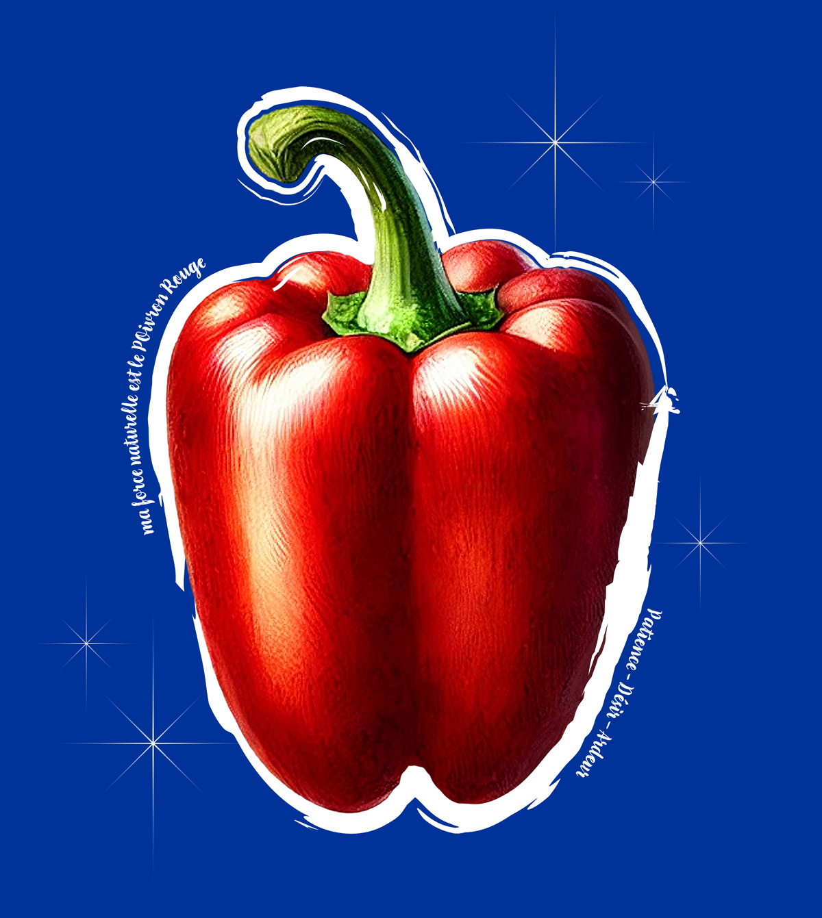 Étampe de la Force naturelle du Poivron rouge — un poivron rouge avec ses trois mots-clés