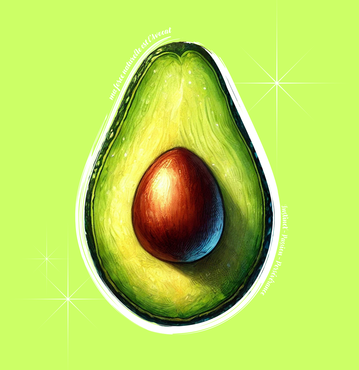 Étampe de la Force naturelle de l’Avocat — un demi-avocat avec ses trois mots-clés