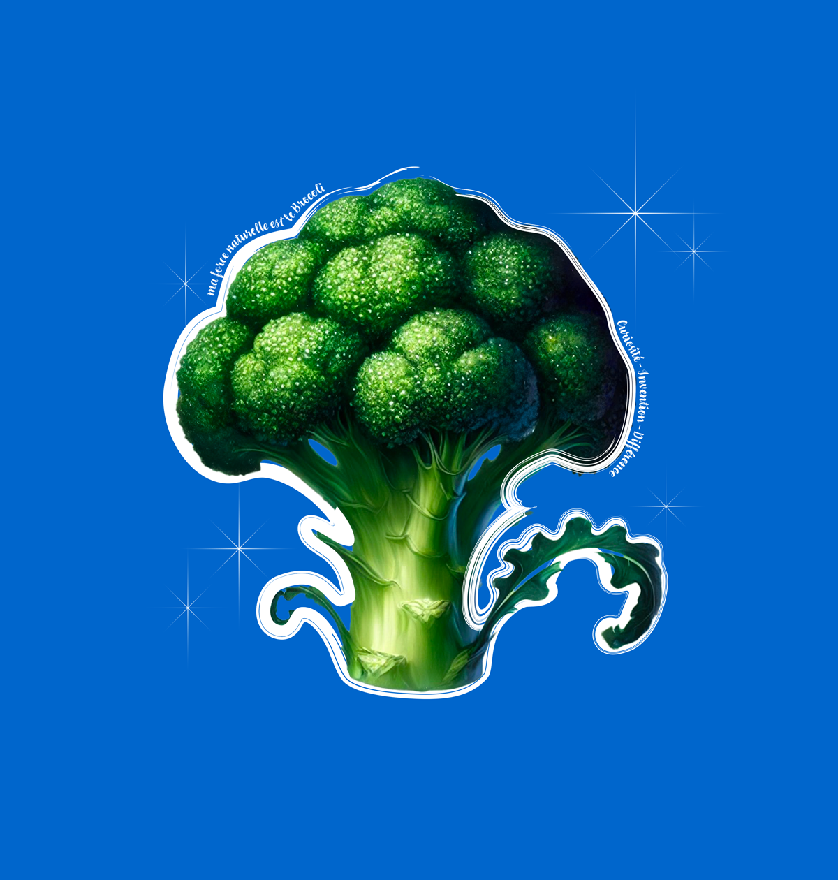 Étampe de la Force naturelle du Brocoli  — une tête de brocoli avec ses trois mots-clés