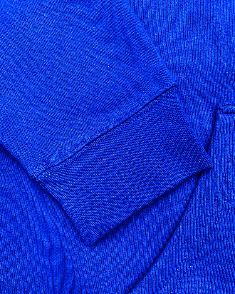 Hoodie premium Les Forces Naturelles — Couleur bleu — Étampe Céleri — Détail manche