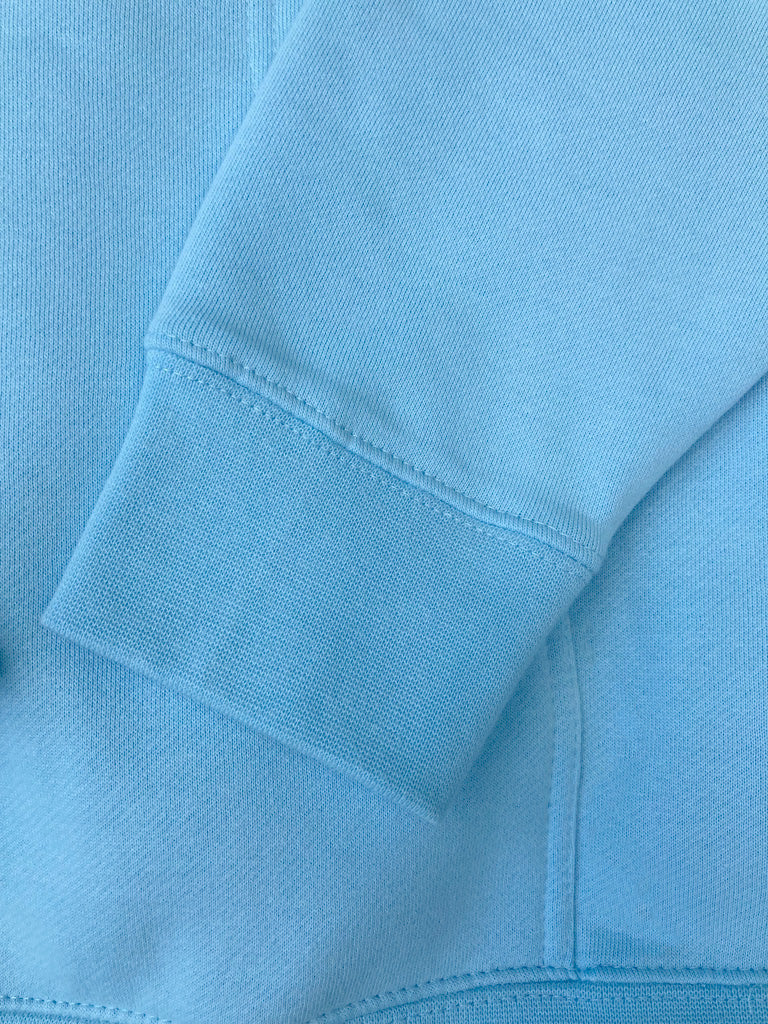 Hoodie de qualité supérieure « Les forces naturelles » — couleur beu ciel — étampe Tomate — détail de la manche